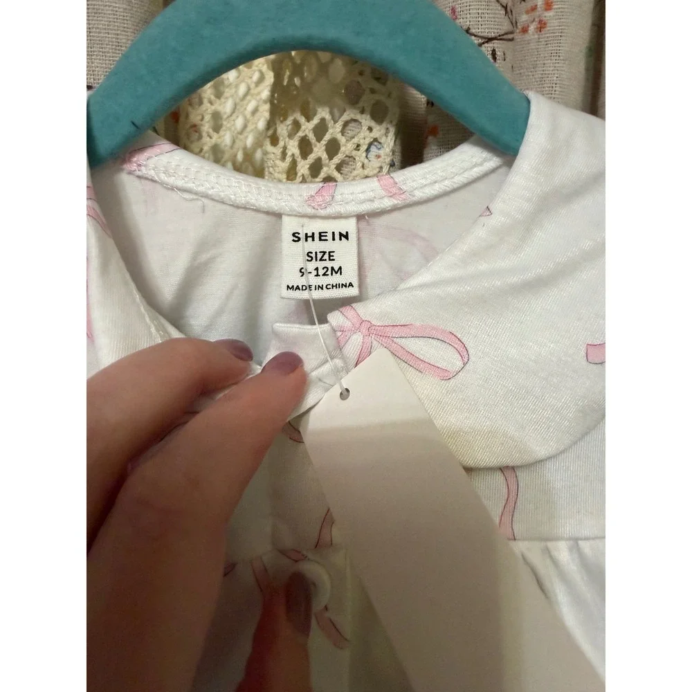 SHEIN Baby Girls 9-12M Pink Bow Pajama Set Peter Pan Collar Ruffle NWT